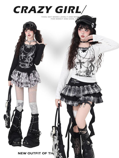 Crazy Girl Chain Print Faux Layered Halter Slim Knit Women&