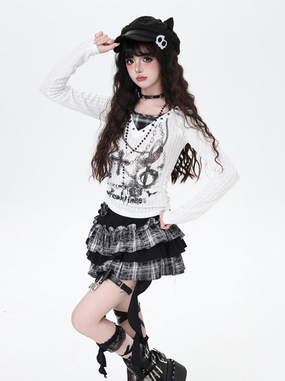 Crazy Girl Chain Print Faux Layered Halter Slim Knit Women&