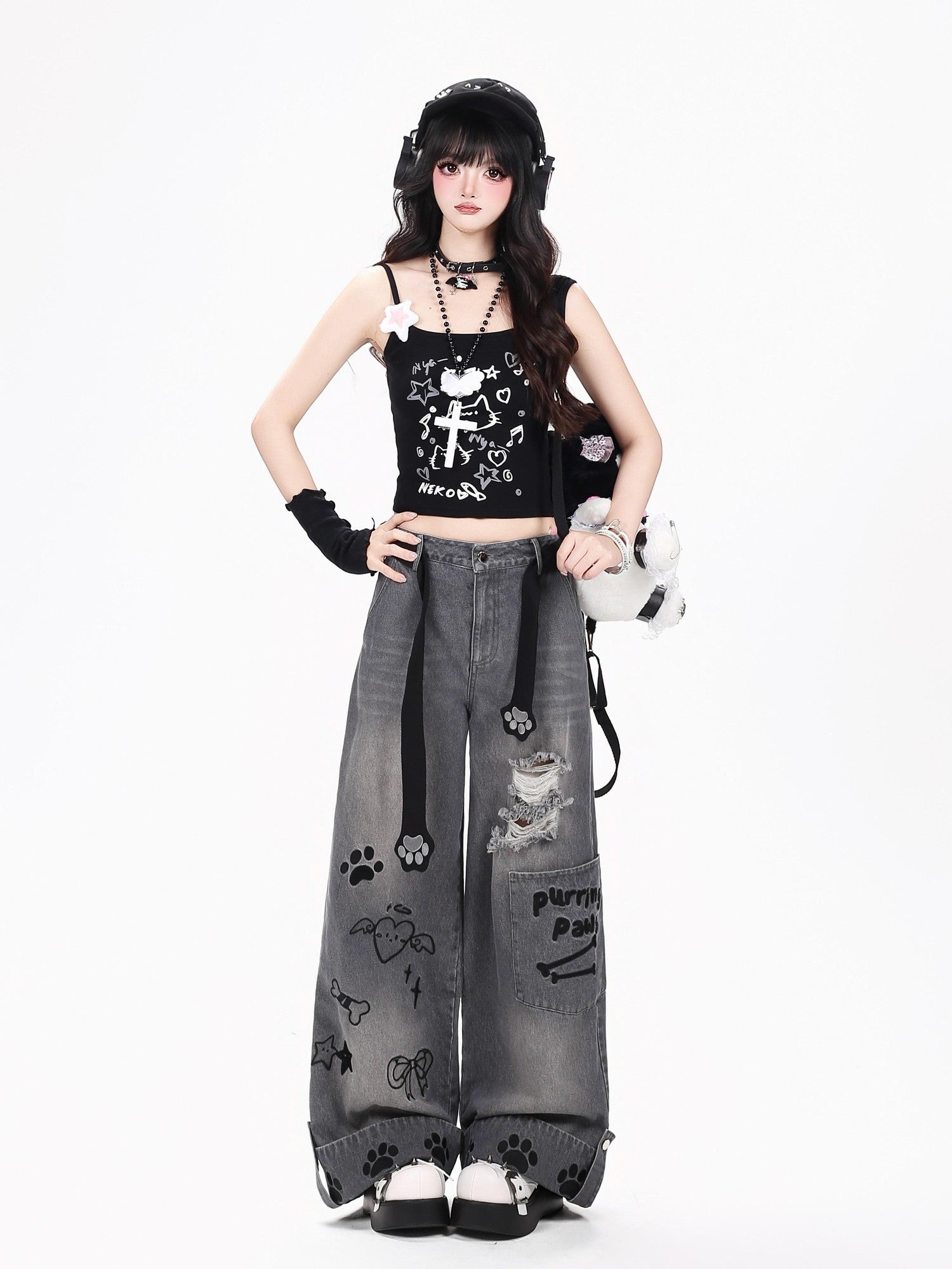 Crazy Girl Checked Machine Embroidered Distressed Women&