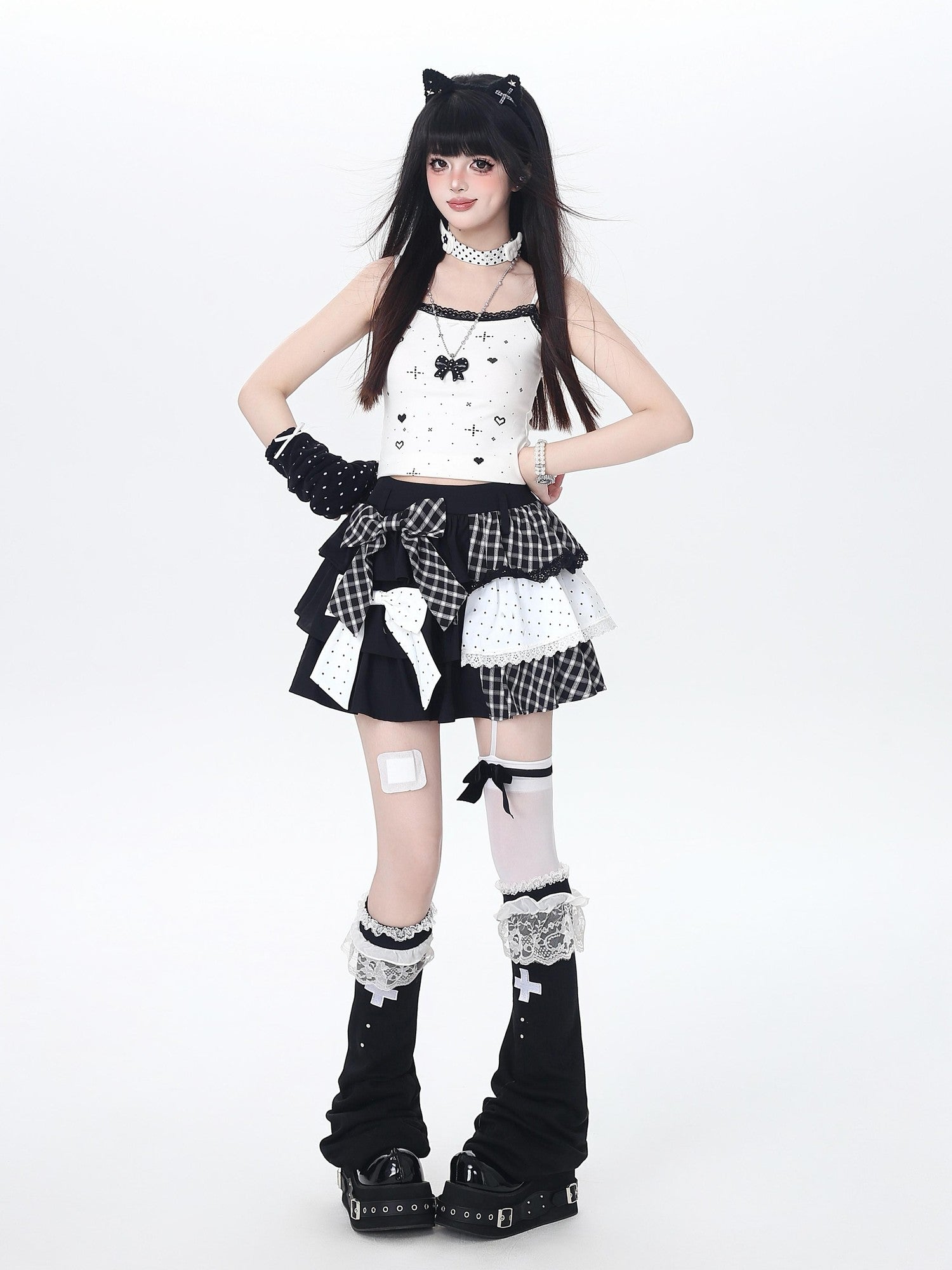 Crazy Girl Checked Polka Dot Patchwork High Waist Women&