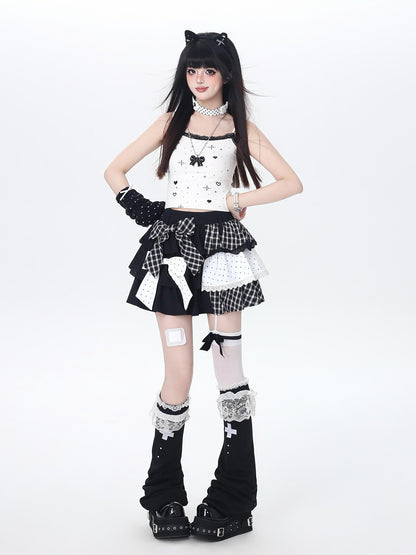 Crazy Girl Checked Polka Dot Patchwork High Waist Women&