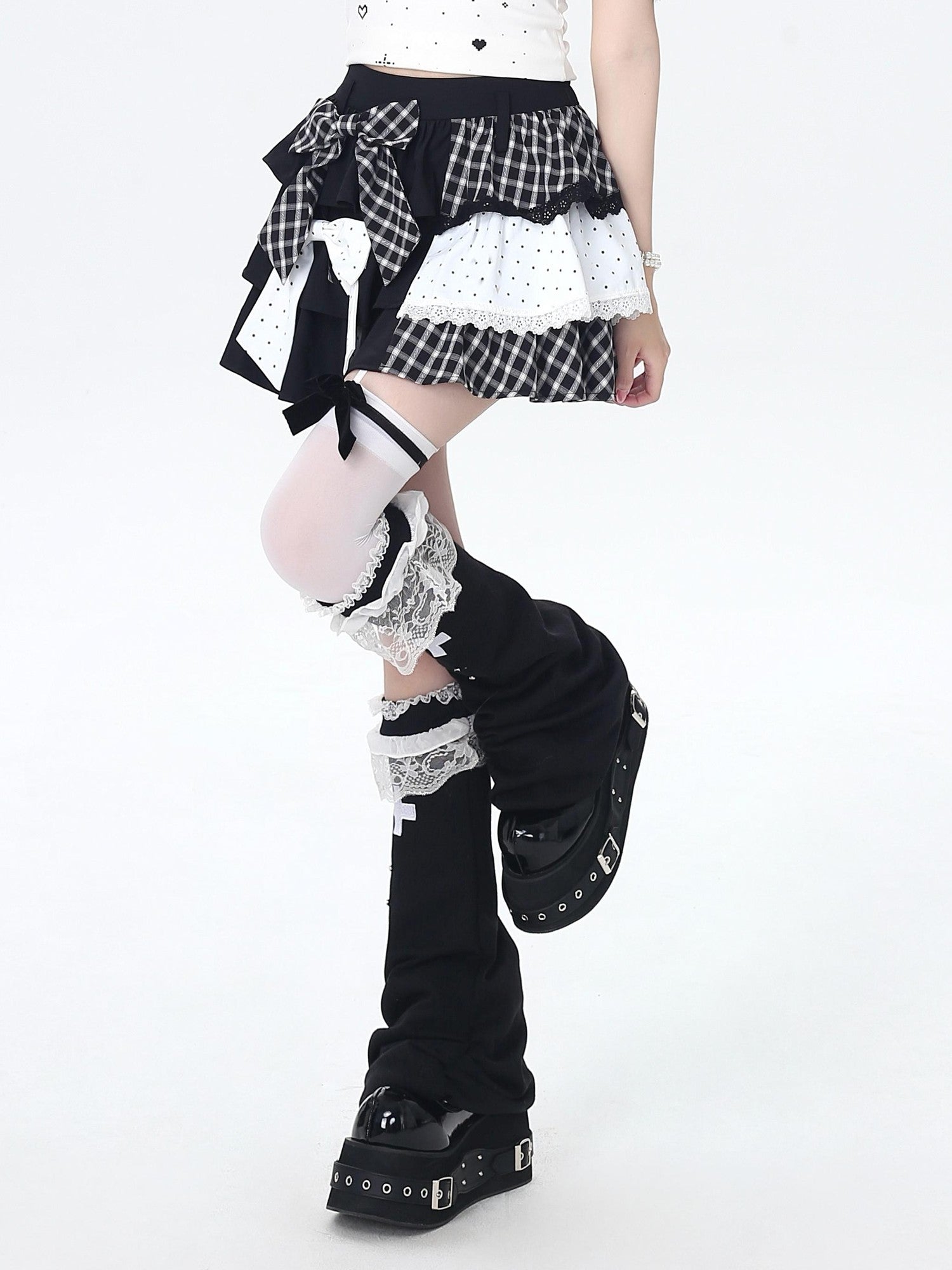 Crazy Girl Checked Polka Dot Patchwork High Waist Women&