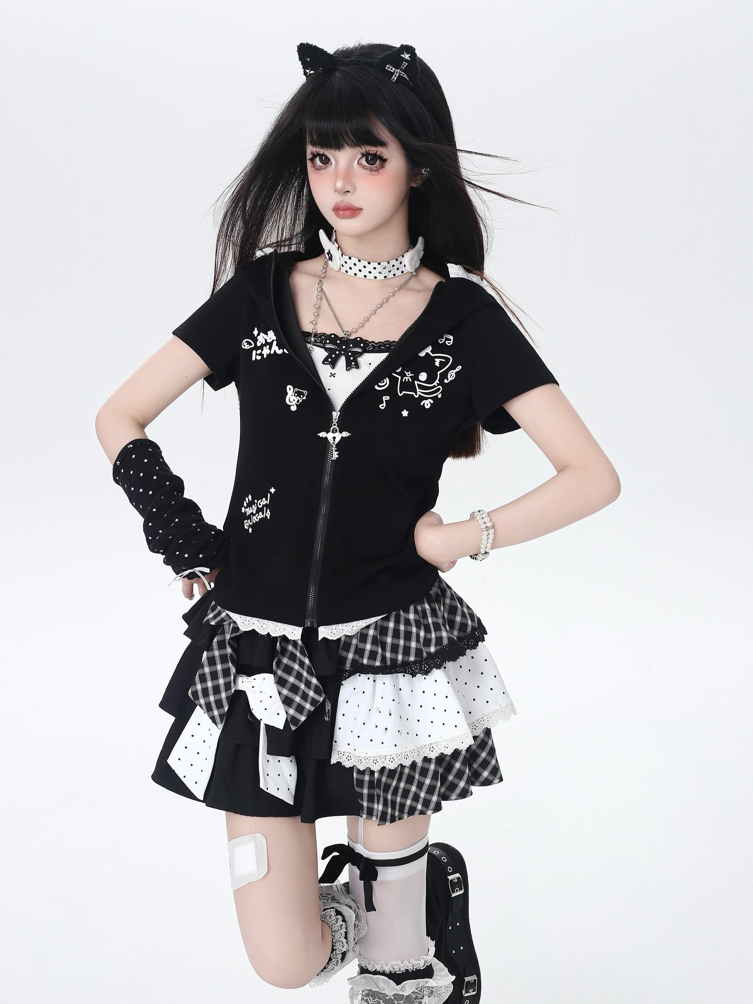 Crazy Girl Checked Polka Dot Patchwork High Waist Women&