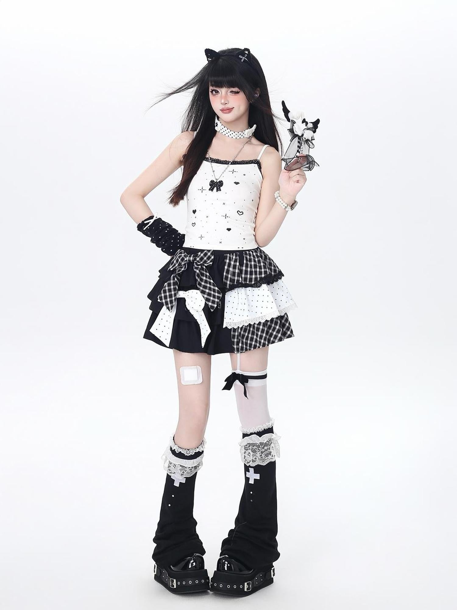 Crazy Girl Checked Polka Dot Patchwork High Waist Women&