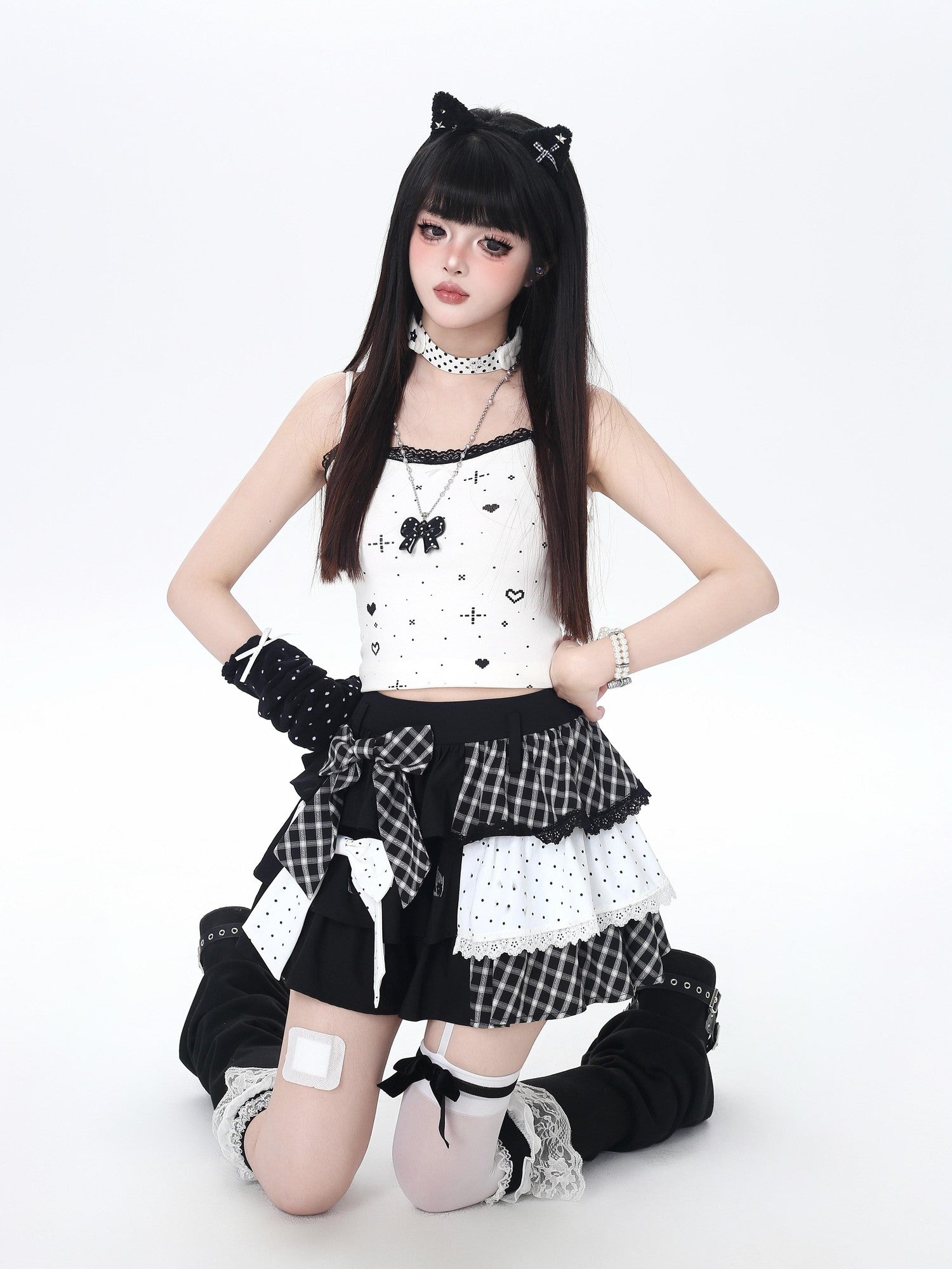 Crazy Girl Checked Polka Dot Patchwork High Waist Women&