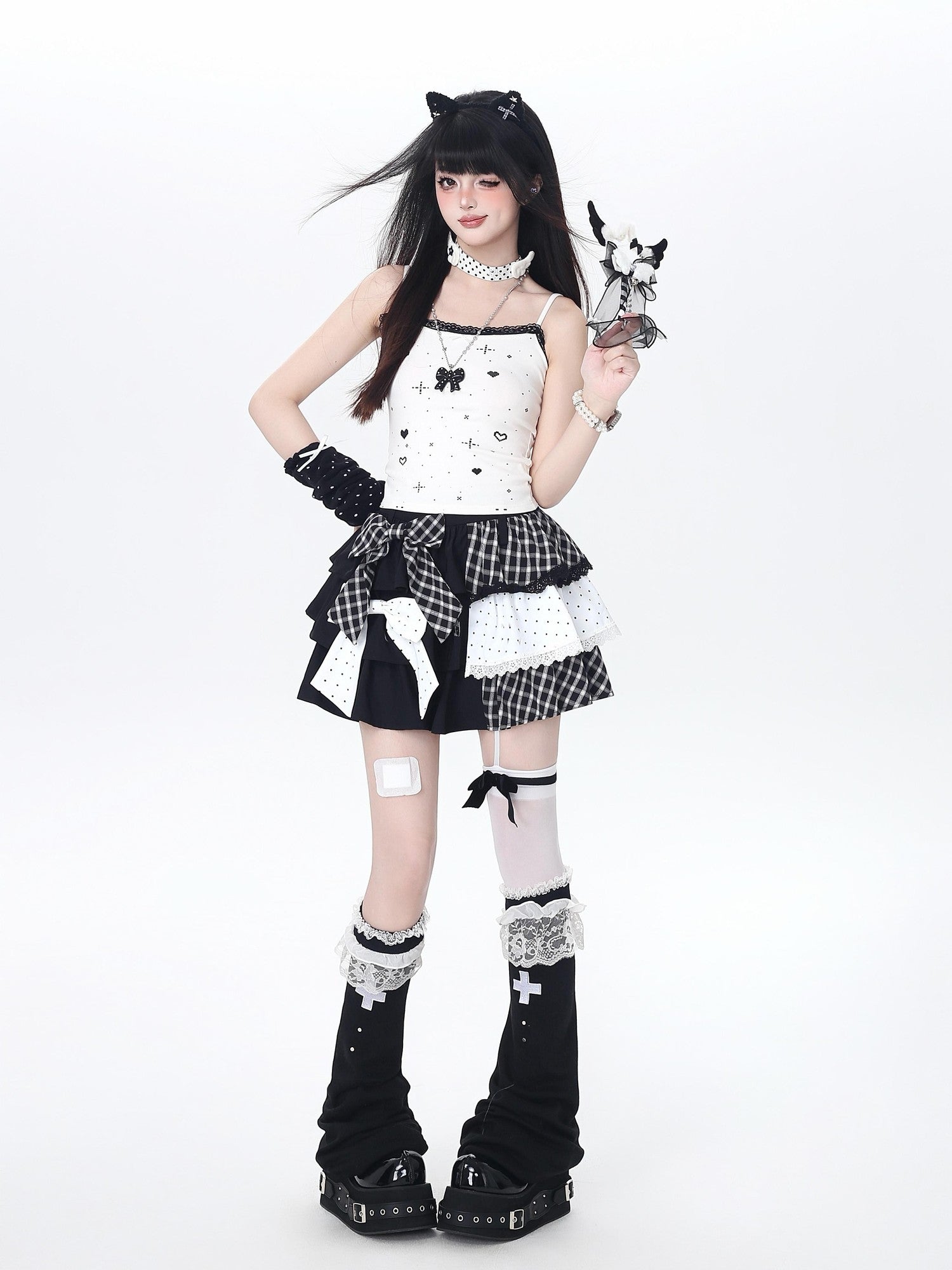 Crazy Girl Checked Polka Dot Patchwork High Waist Women&