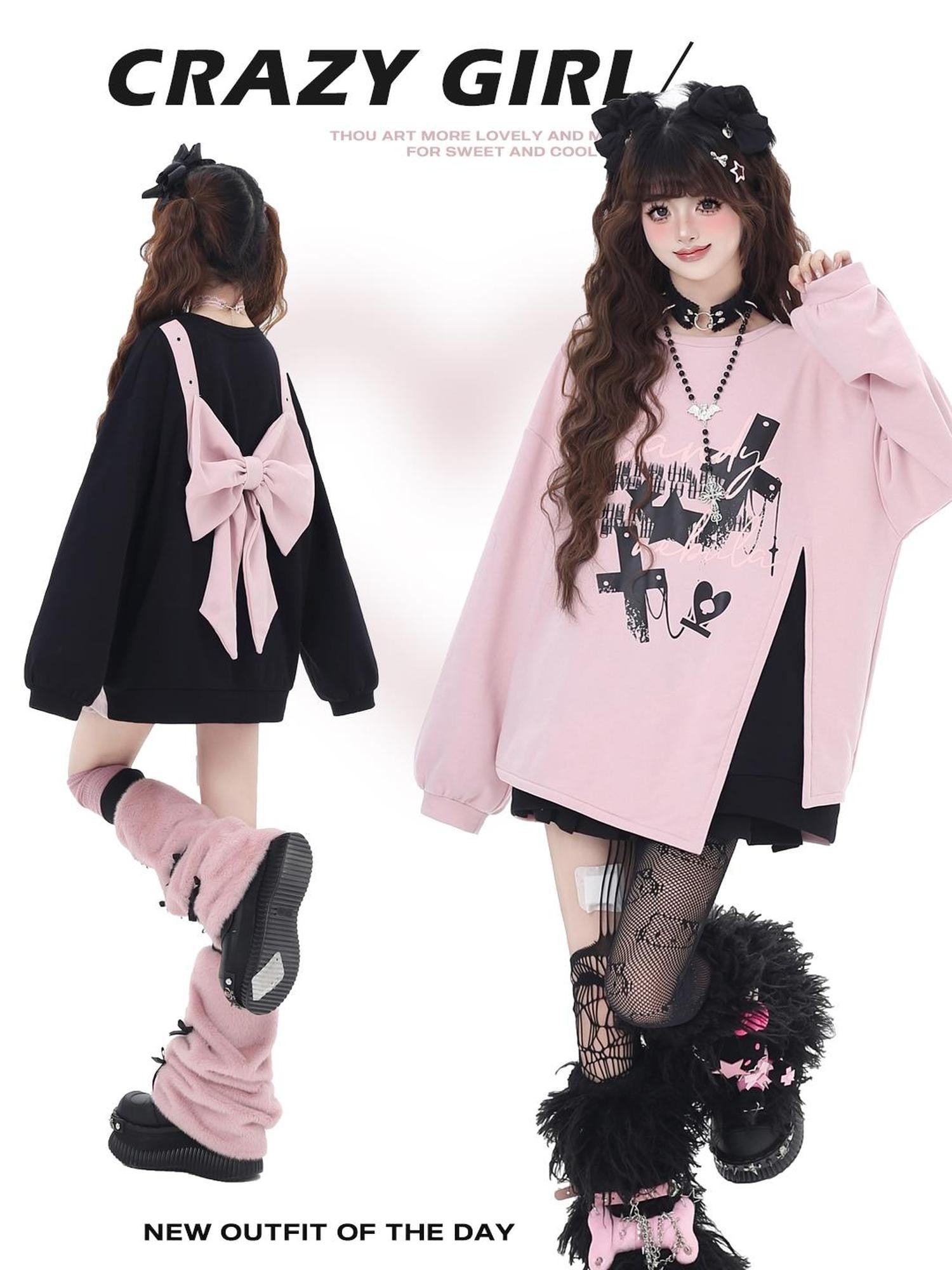 Crazy Girl Cherry Blossom Bow Loose Fit Mid Length Women&
