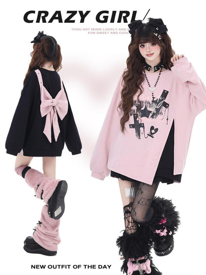 Crazy Girl Cherry Blossom Bow Loose Fit Mid Length Women&
