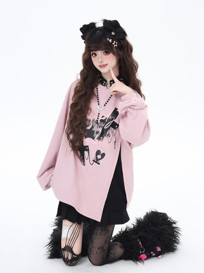 Crazy Girl Cherry Blossom Bow Loose Fit Mid Length Women&