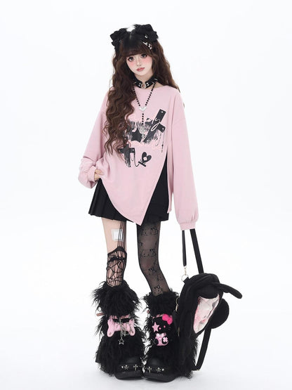 Crazy Girl Cherry Blossom Bow Loose Fit Mid Length Women&