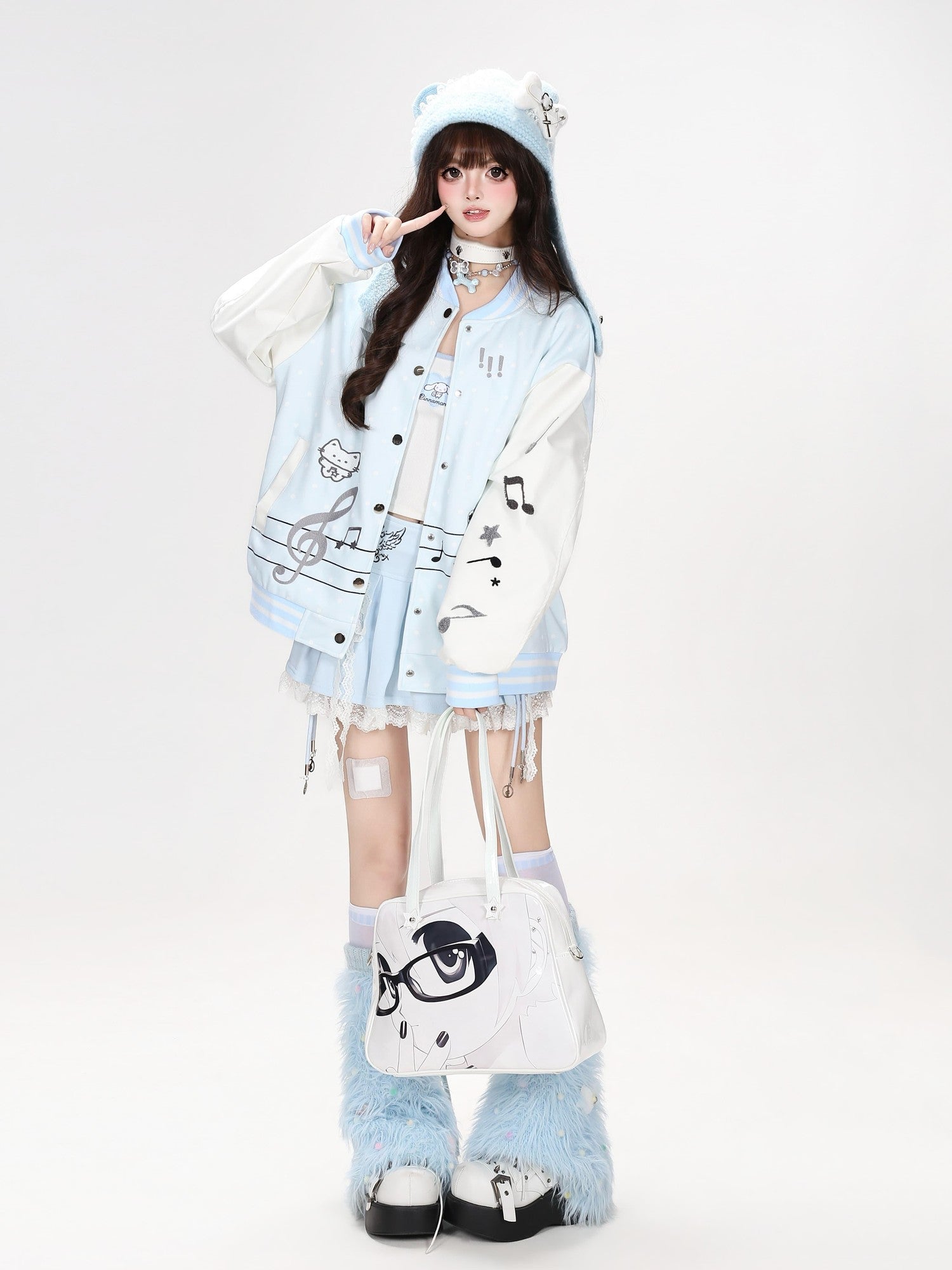 Crazy Girl Colorblock Embroidered Cat Music Note Hooded Women&