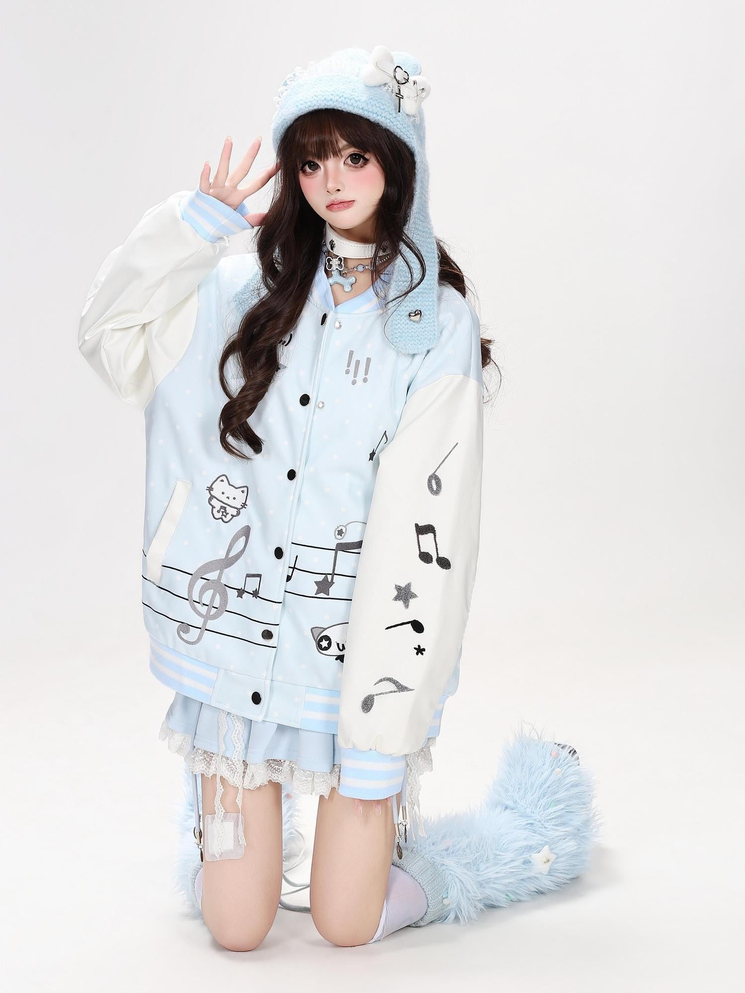 Crazy Girl Colorblock Embroidered Cat Music Note Hooded Women&