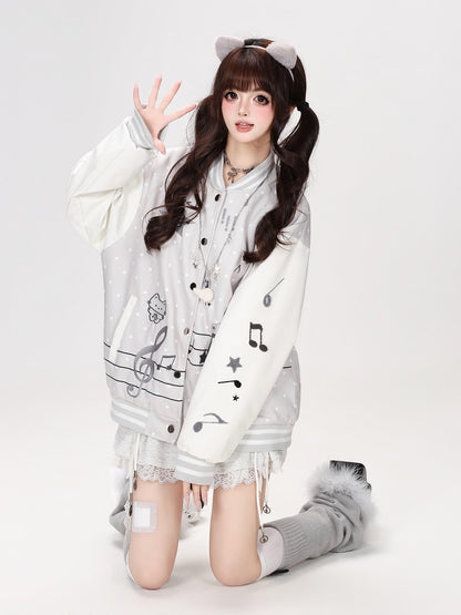 Crazy Girl Colorblock Embroidered Cat Music Note Hooded Women&