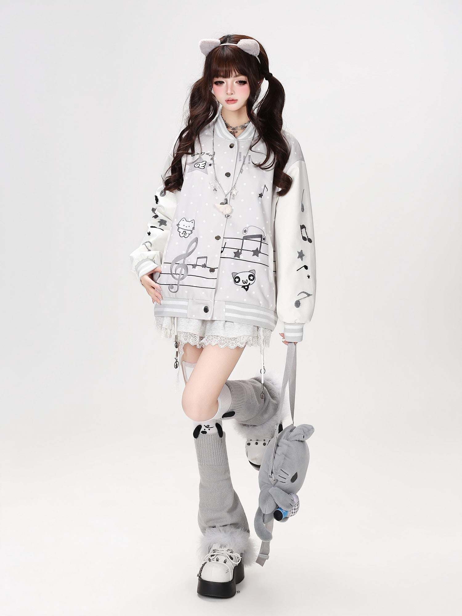 Crazy Girl Colorblock Embroidered Cat Music Note Hooded Women&