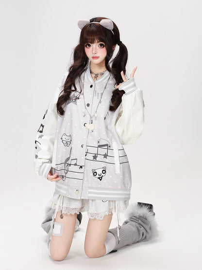 Crazy Girl Colorblock Embroidered Cat Music Note Hooded Women&