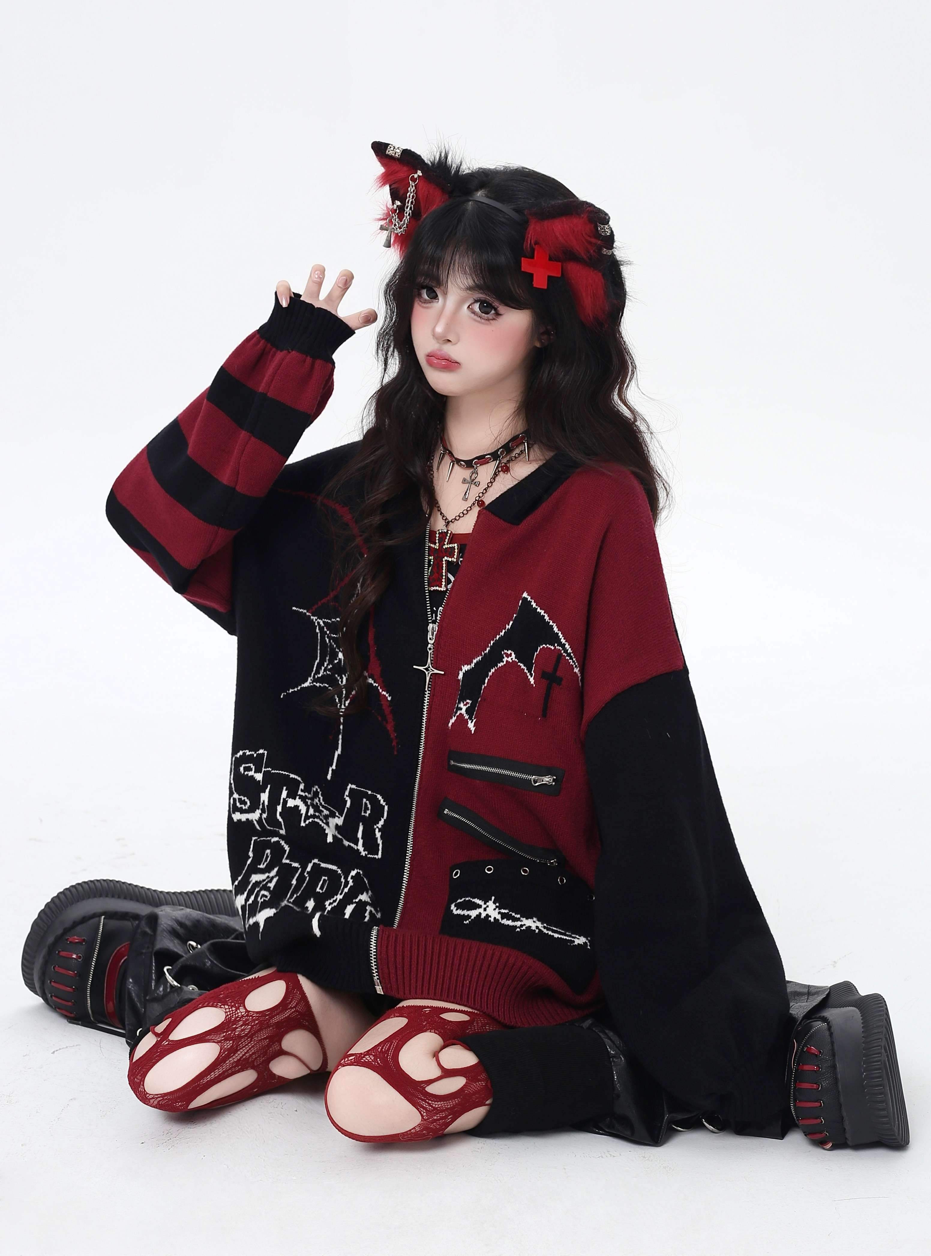 Crazy_Girl_Colorblock_Gothic_Stripe_Zip_V-neck_Women&