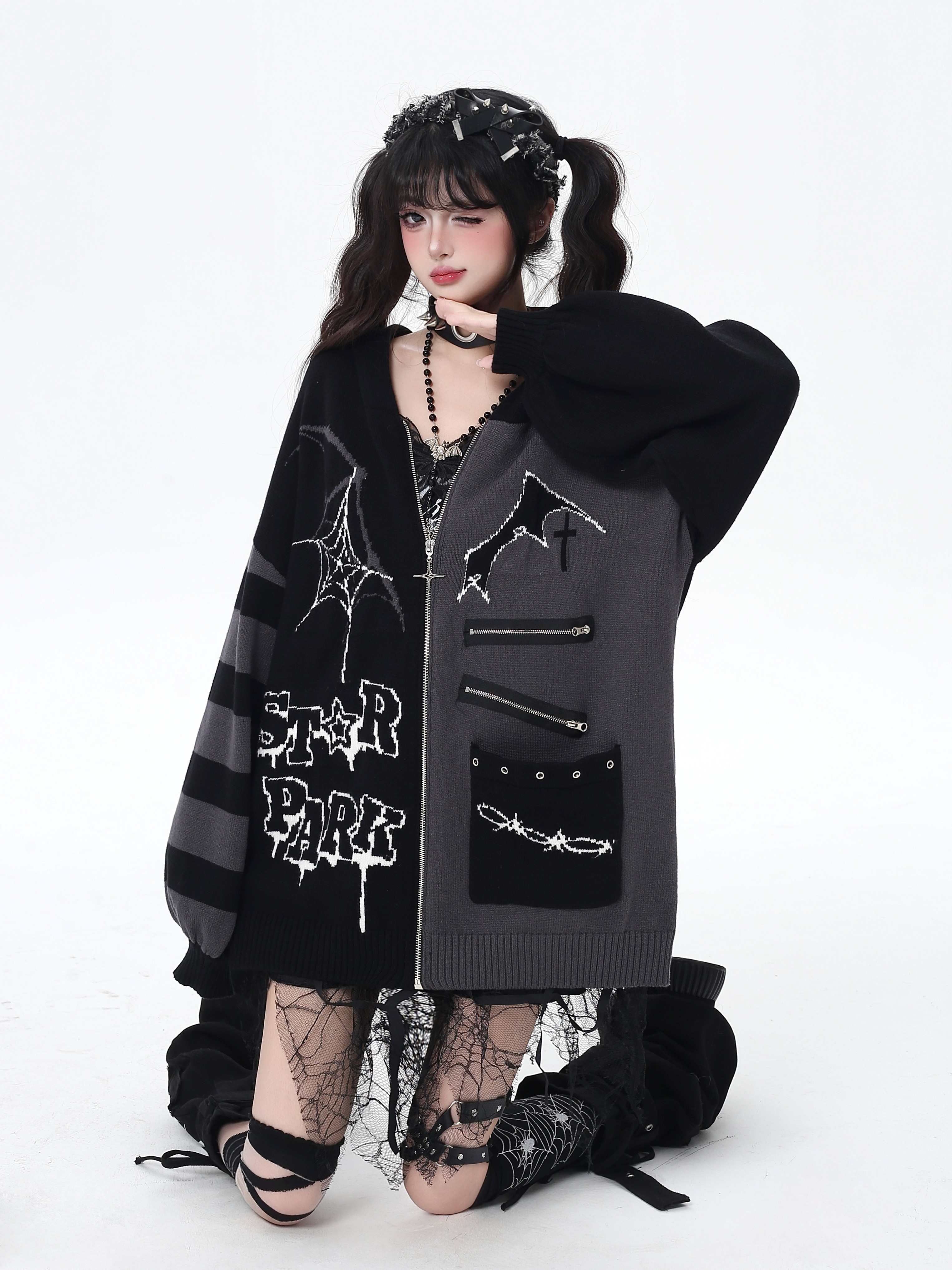 Crazy_Girl_Colorblock_Gothic_Stripe_Zip_V-neck_Women&