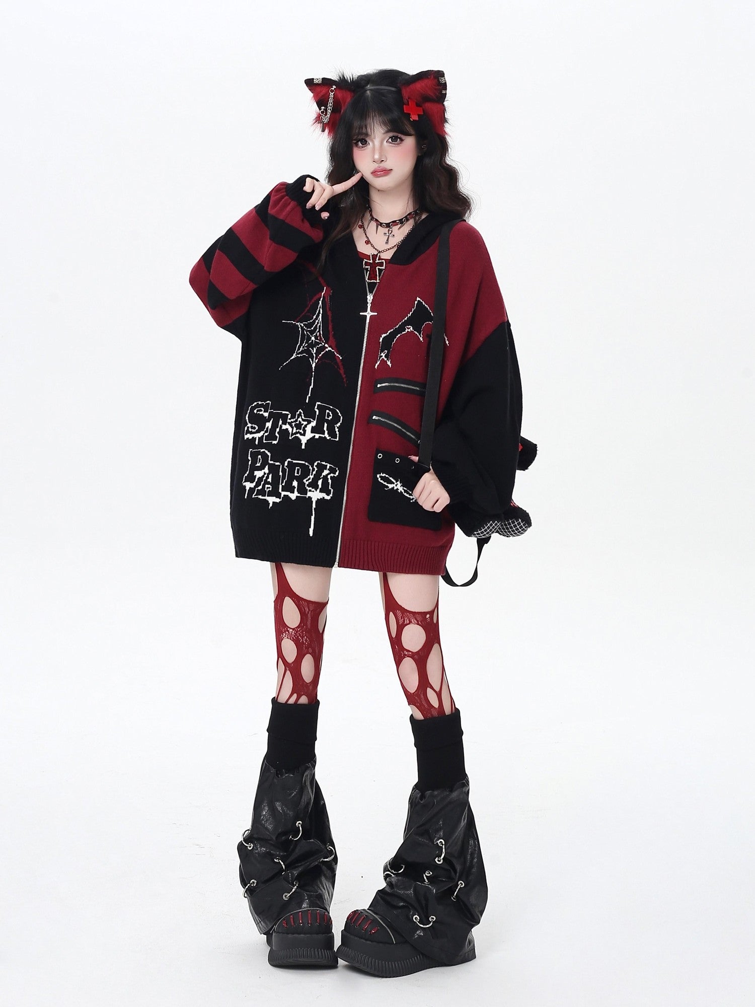 Crazy Girl Colorblock Gothic Stripe Zip V-neck Women&