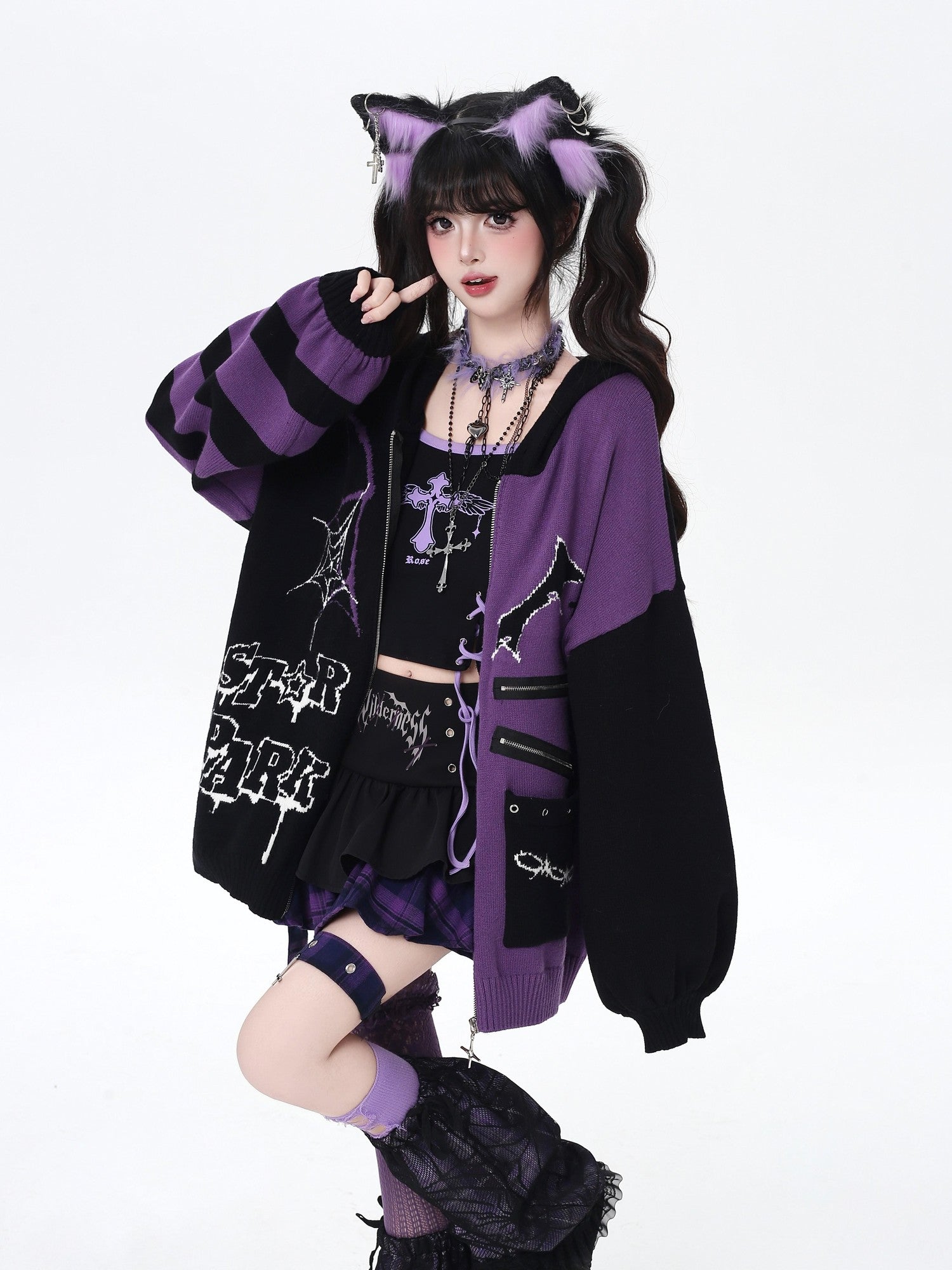 Crazy Girl Colorblock Gothic Stripe Zip V-neck Women&