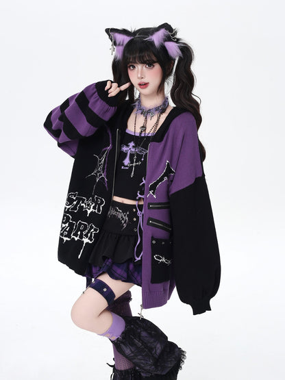 Crazy Girl Colorblock Gothic Stripe Zip V-neck Women&
