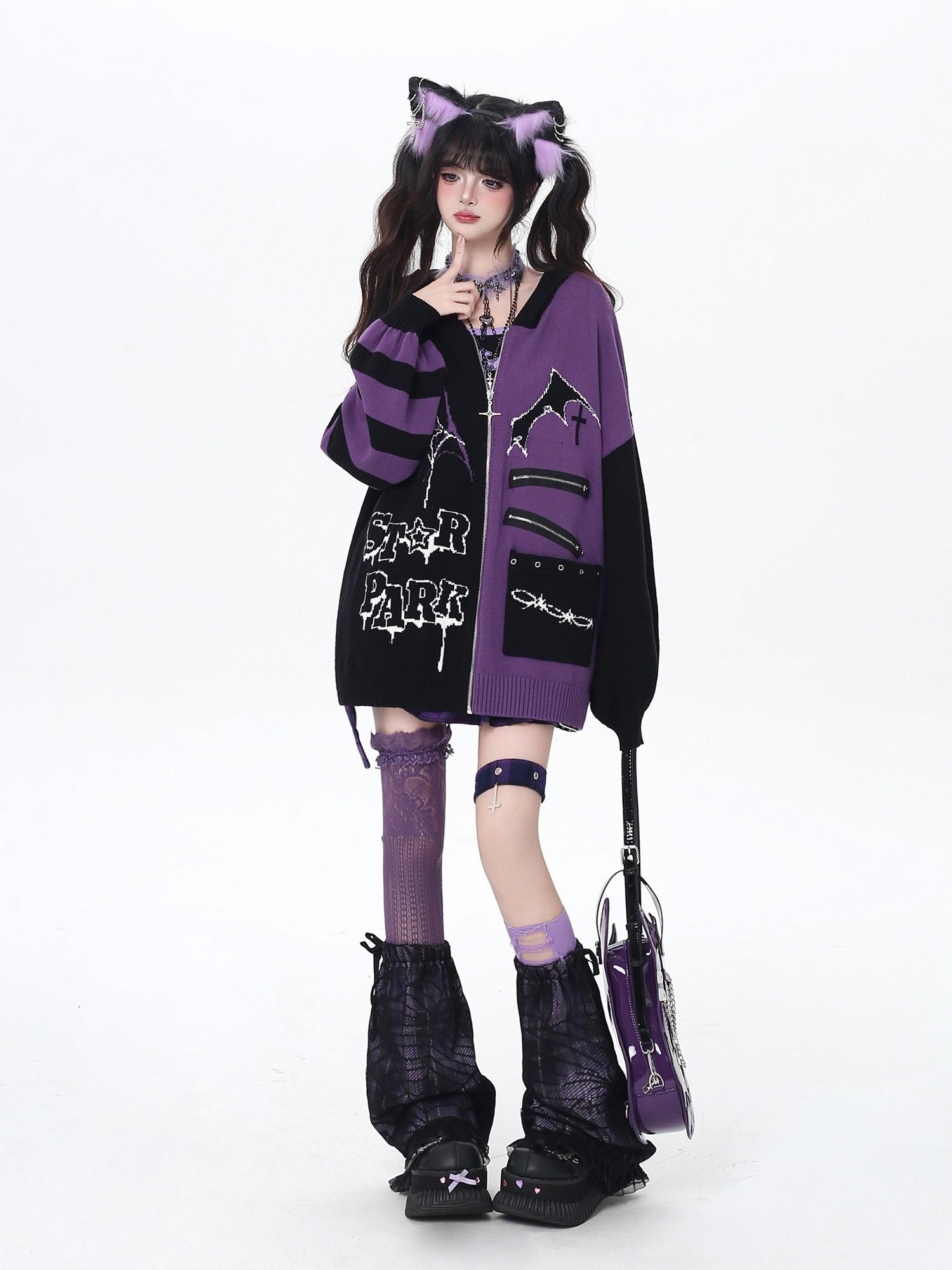 Crazy Girl Colorblock Gothic Stripe Zip V-neck Women&