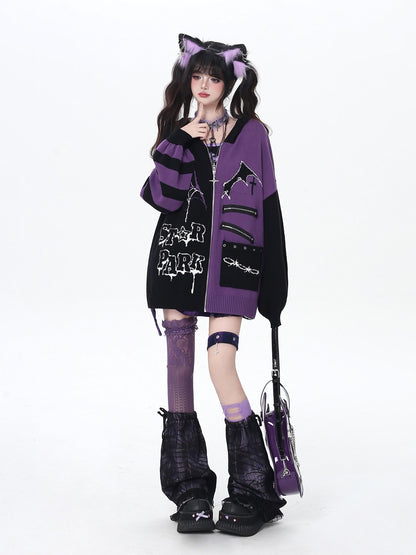 Crazy Girl Colorblock Gothic Stripe Zip V-neck Women&