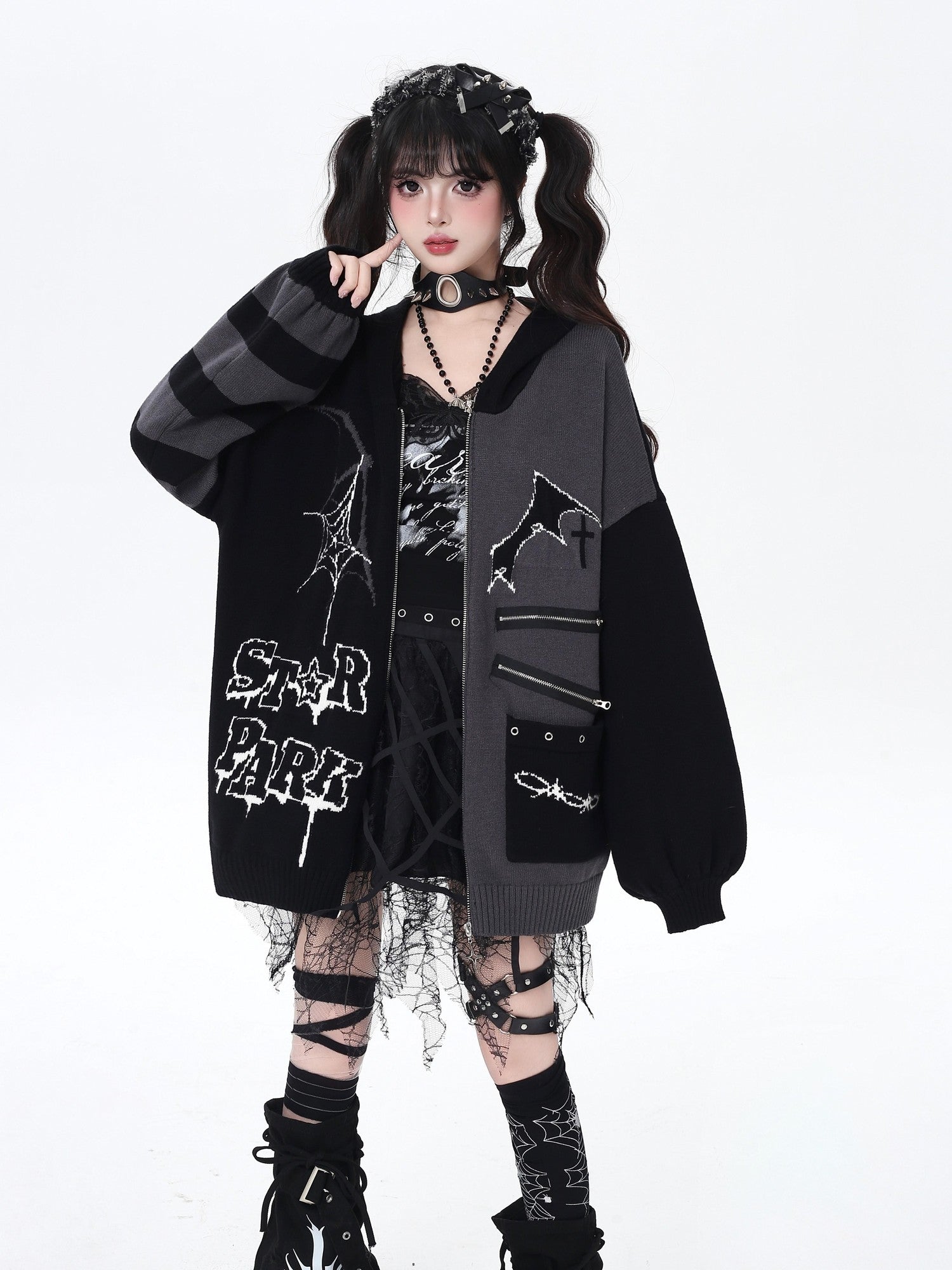 Crazy Girl Colorblock Gothic Stripe Zip V-neck Women&
