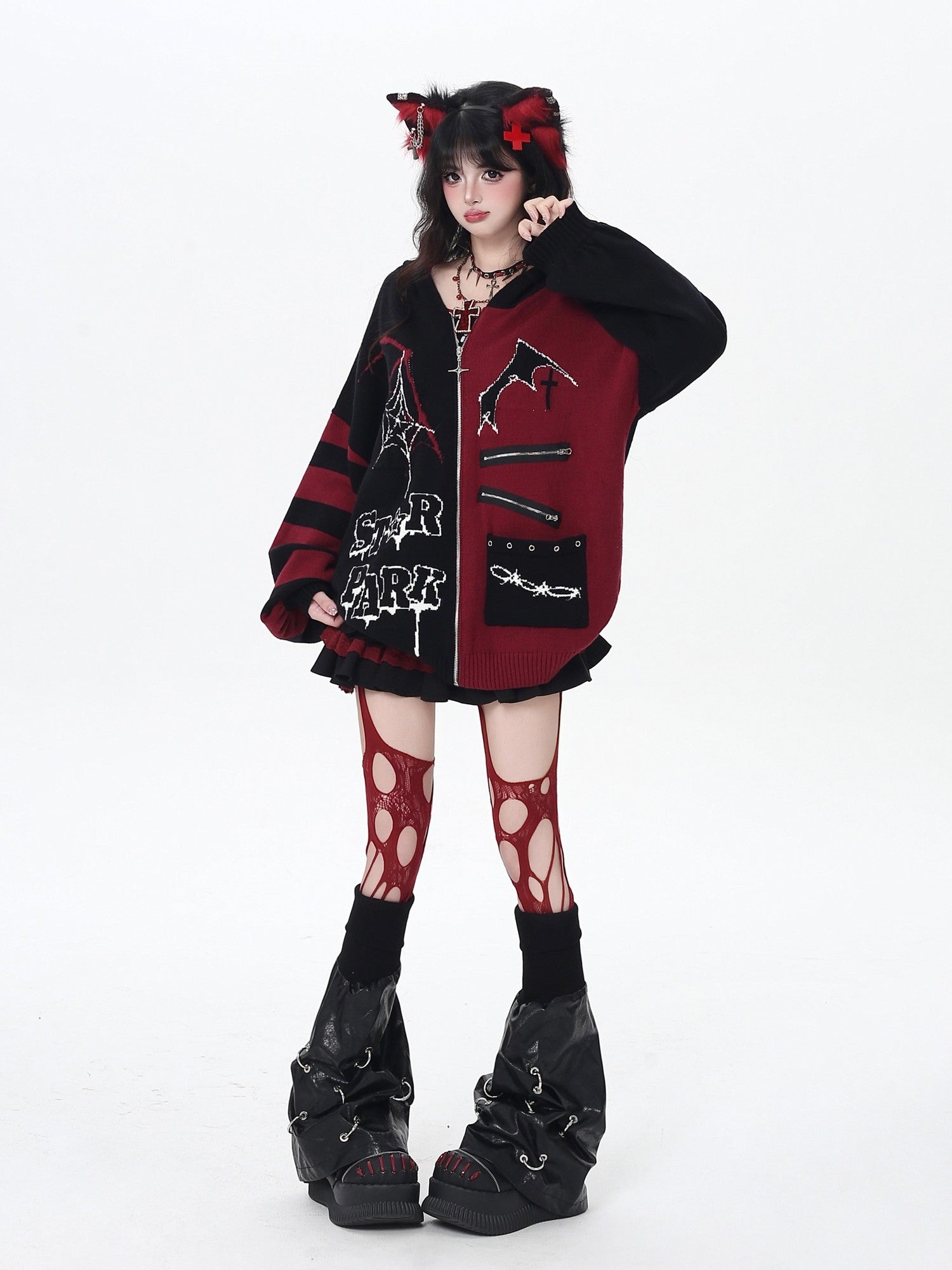 Crazy Girl Colorblock Gothic Stripe Zip V-neck Women&