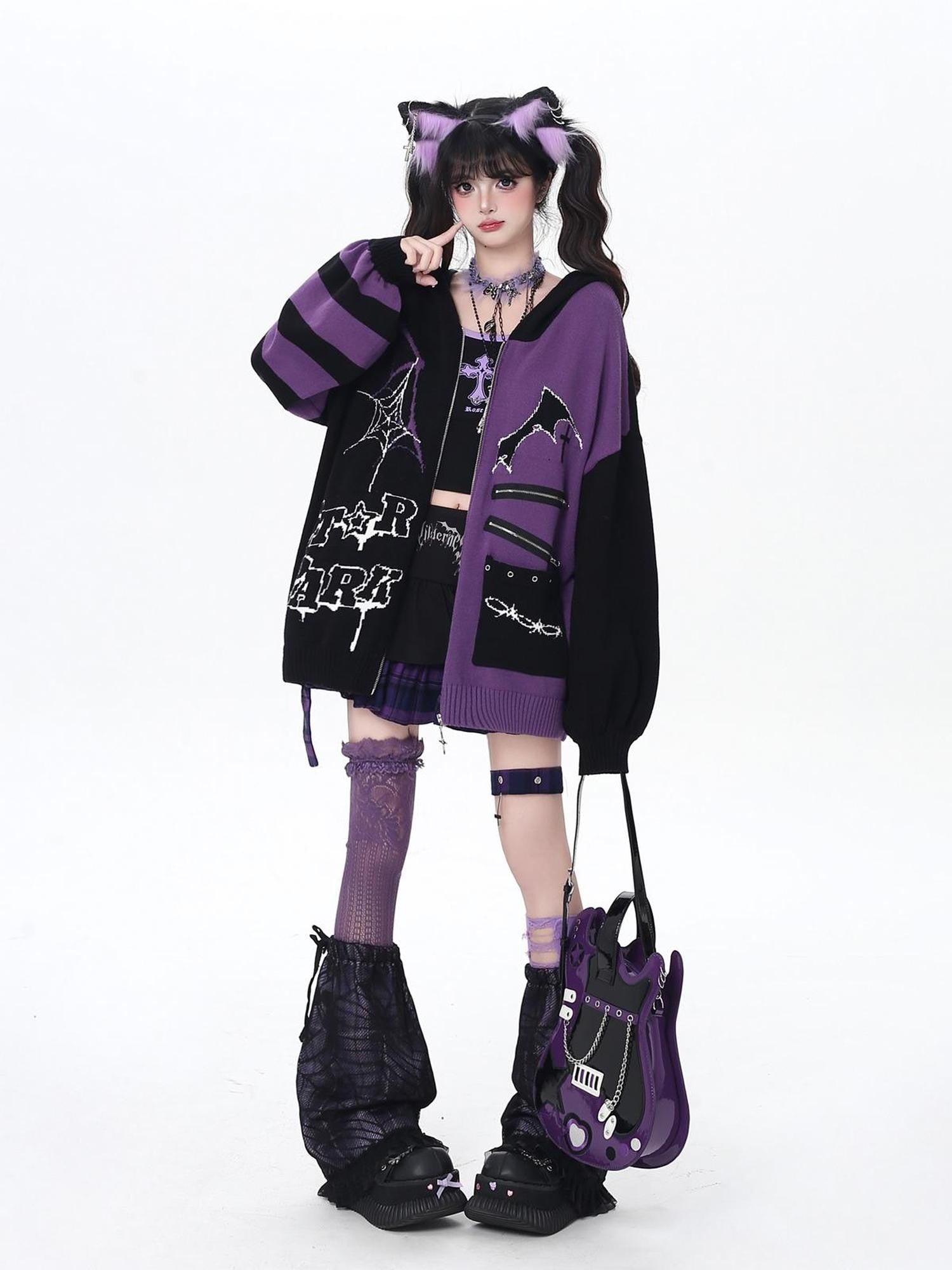 Crazy Girl Colorblock Gothic Stripe Zip V-neck Women&