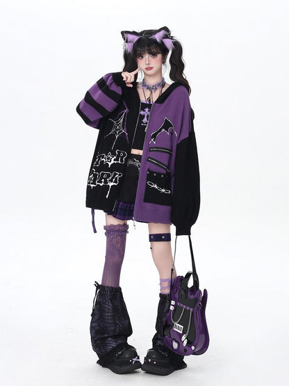 Crazy Girl Colorblock Gothic Stripe Zip V-neck Women&