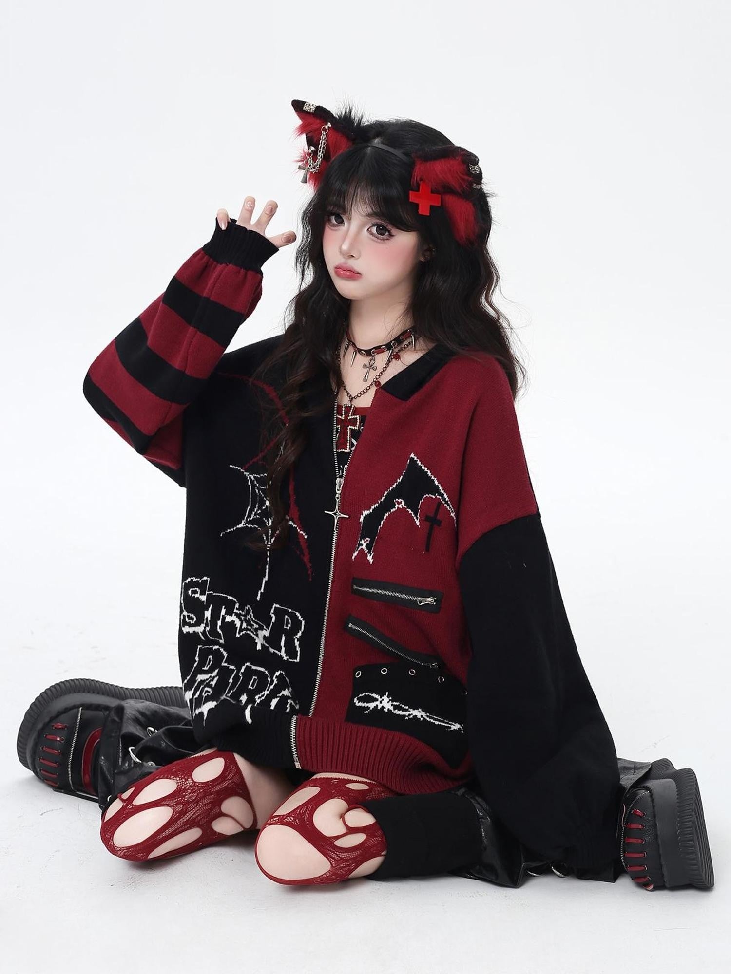 Crazy Girl Colorblock Gothic Stripe Zip V-neck Women&