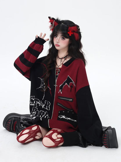 Crazy Girl Colorblock Gothic Stripe Zip V-neck Women&