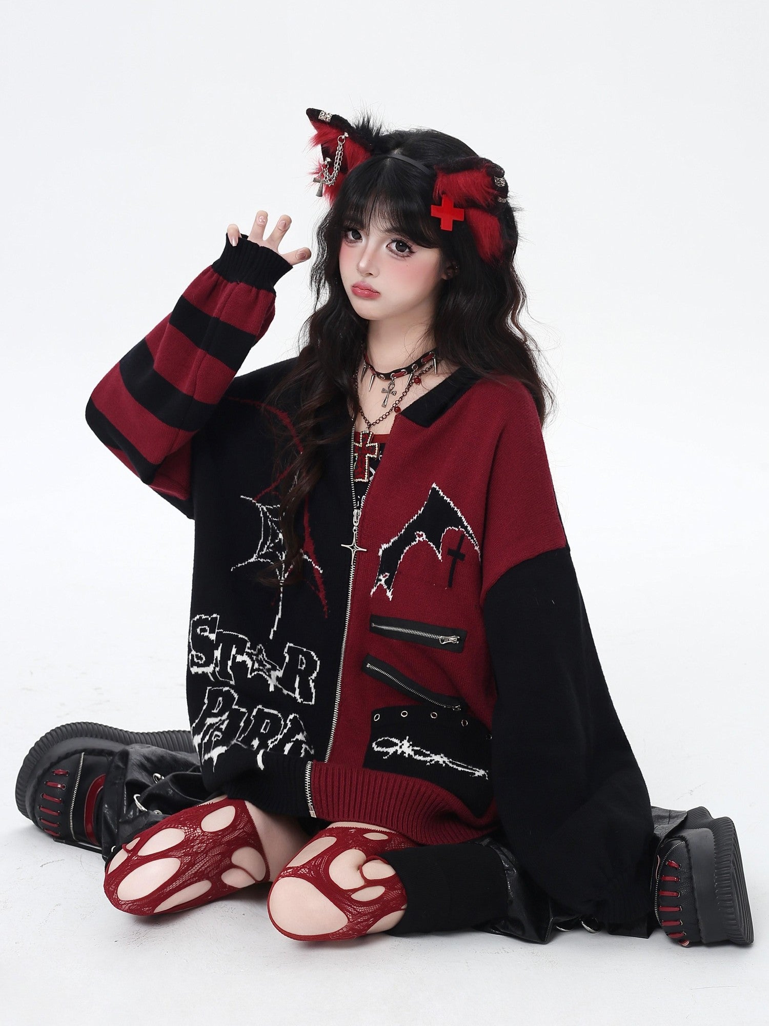 Crazy Girl Colorblock Gothic Stripe Zip V-neck Women&