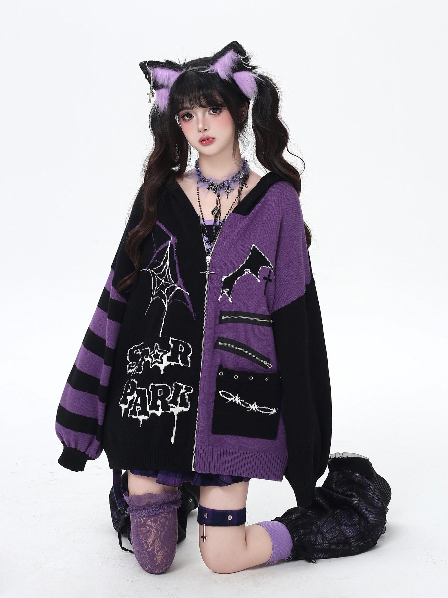 Crazy Girl Colorblock Gothic Stripe Zip V-neck Women&