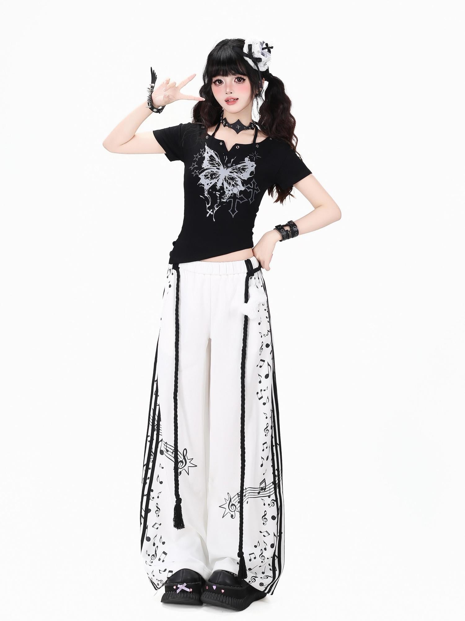Crazy Girl Colorblock Musical Score Striped High Waist Women&