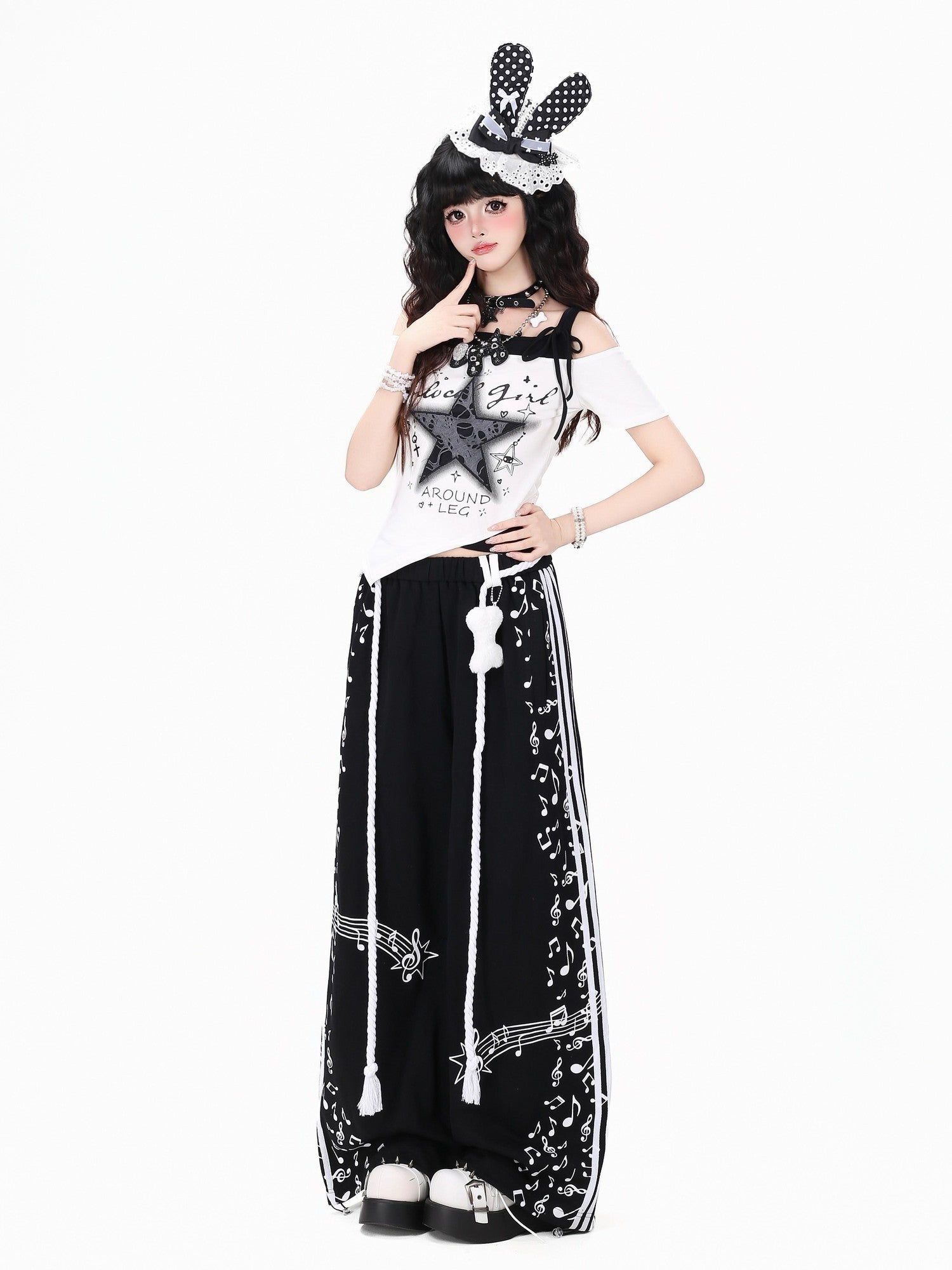 Crazy Girl Colorblock Musical Score Striped High Waist Women&