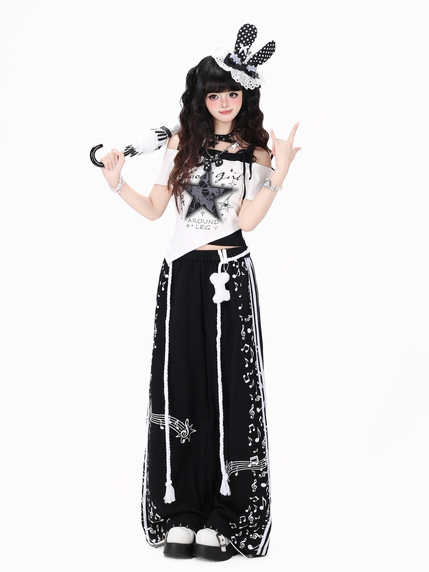 Crazy Girl Colorblock Musical Score Striped High Waist Women&