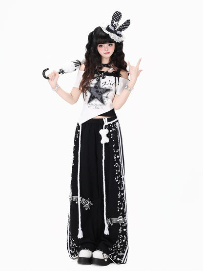 Crazy Girl Colorblock Musical Score Striped High Waist Women&