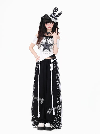 Crazy Girl Colorblock Musical Score Striped High Waist Women&