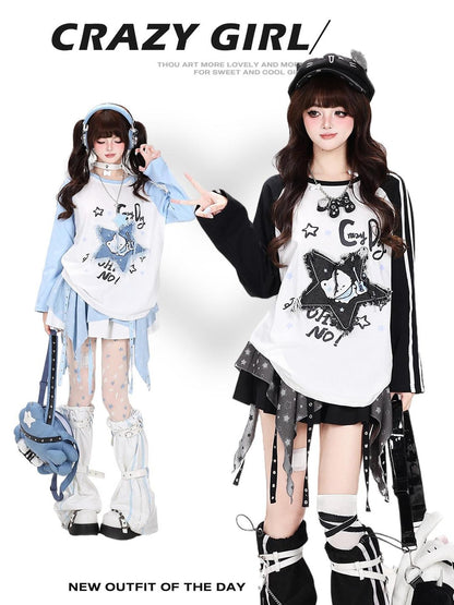 Crazy Girl Colorblock Star Cat Patch Raglan Cropped Women&