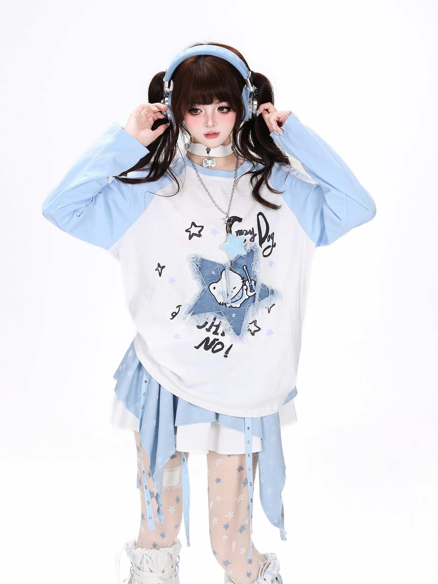 Crazy Girl Colorblock Star Cat Patch Raglan Cropped Women&