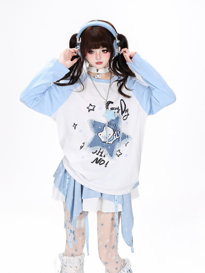 Crazy Girl Colorblock Star Cat Patch Raglan Cropped Women&