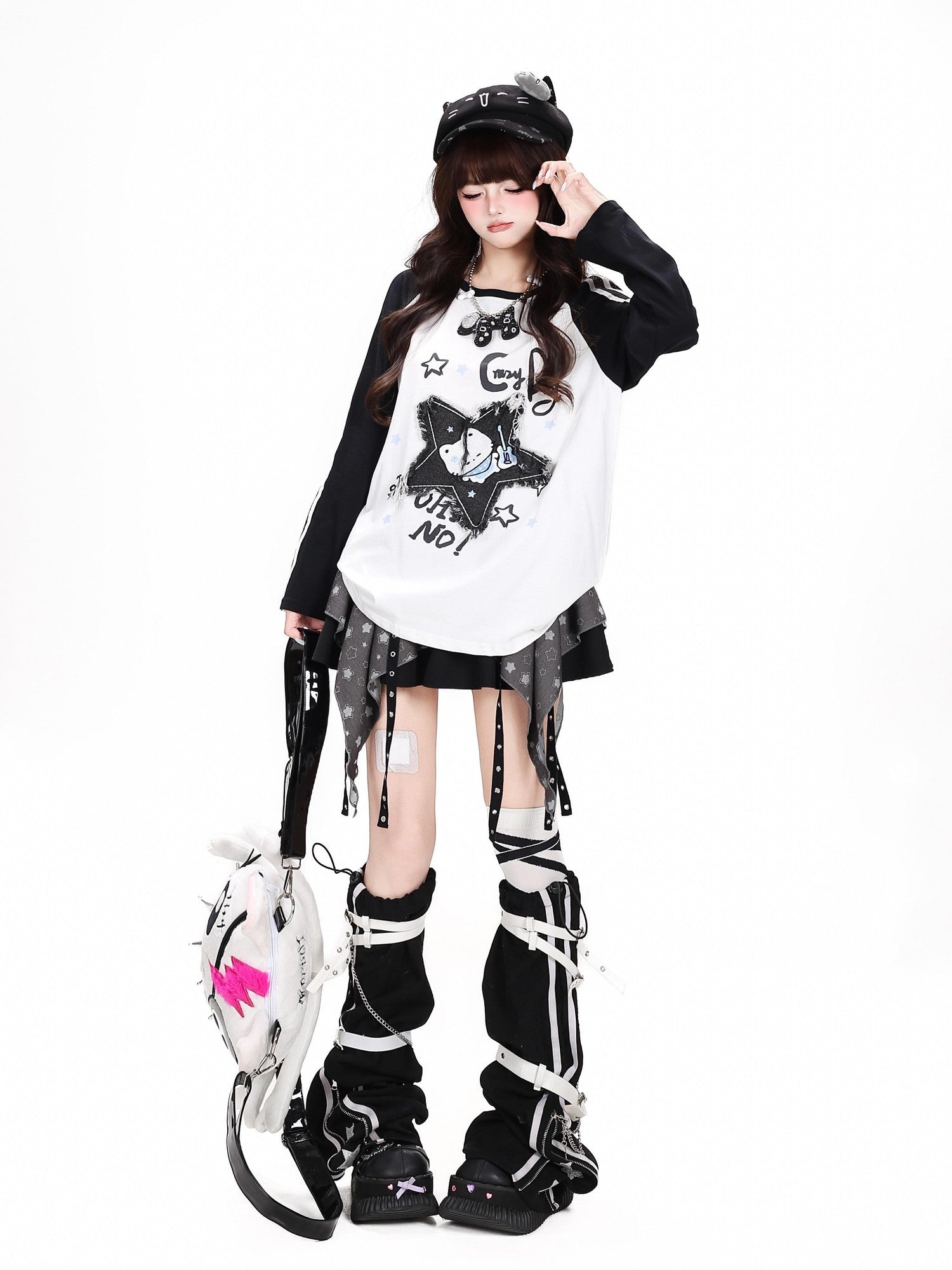 Crazy Girl Colorblock Star Cat Patch Raglan Cropped Women&