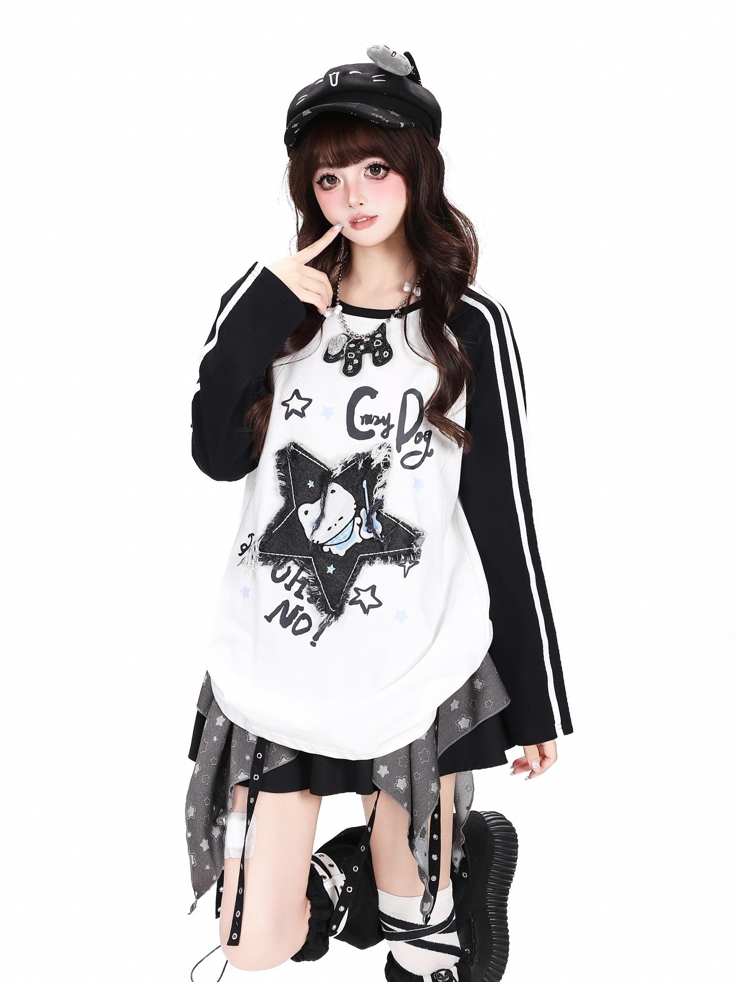 Crazy Girl Colorblock Star Cat Patch Raglan Cropped Women&