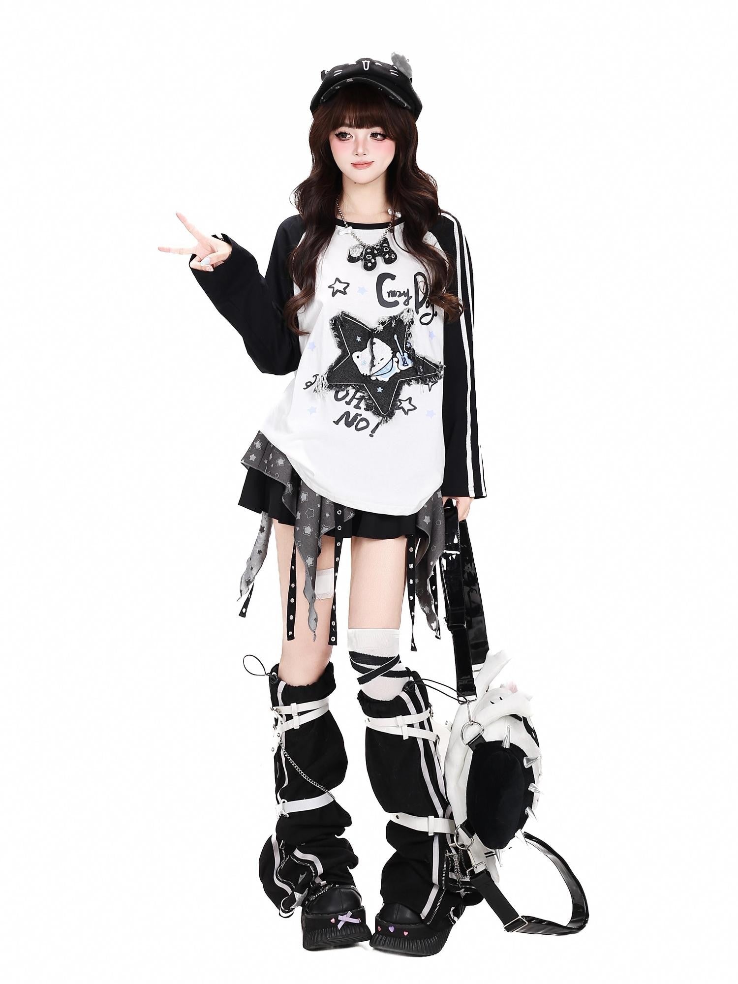 Crazy Girl Colorblock Star Cat Patch Raglan Cropped Women&