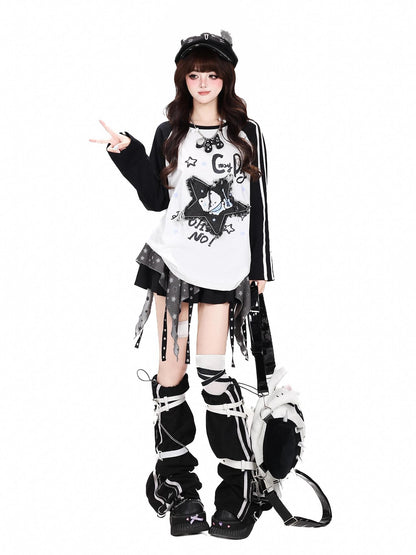 Crazy Girl Colorblock Star Cat Patch Raglan Cropped Women&