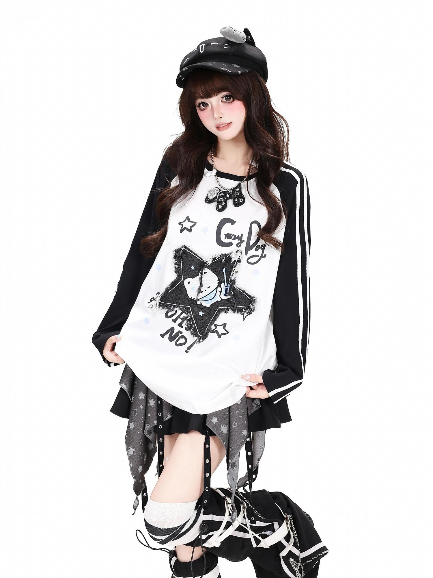 Crazy Girl Colorblock Star Cat Patch Raglan Cropped Women&