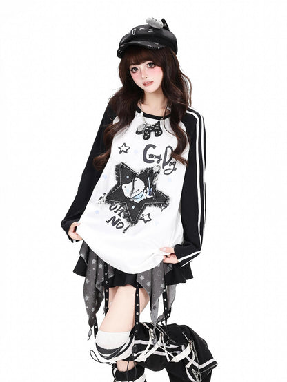 Crazy Girl Colorblock Star Cat Patch Raglan Cropped Women&