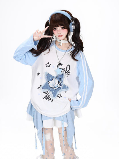 Crazy Girl Colorblock Star Cat Patch Raglan Cropped Women&
