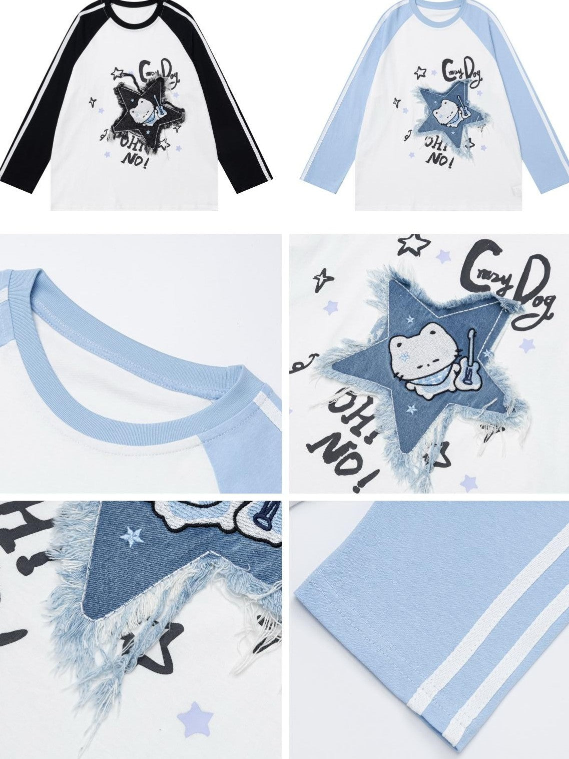 Crazy Girl Colorblock Star Cat Patch Raglan Cropped Women&